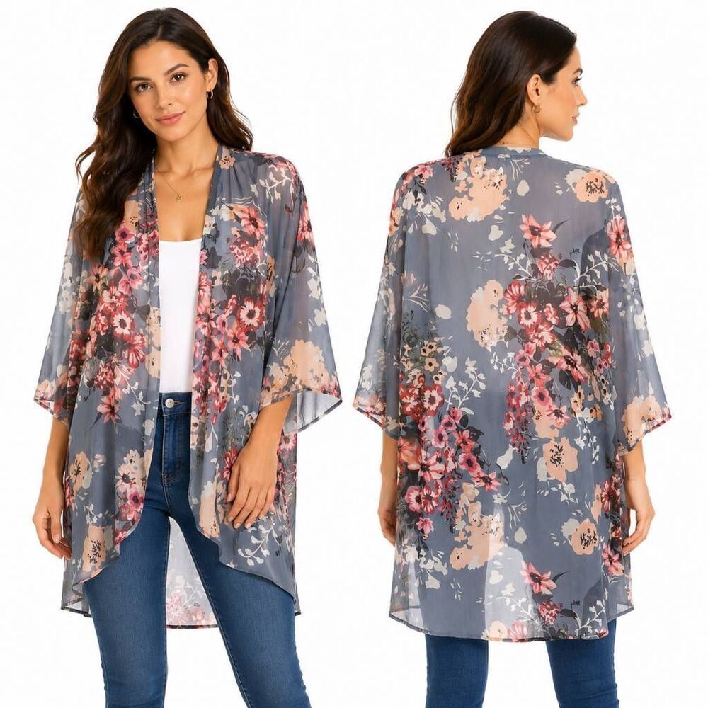 Women’s Floral Kimono Cardigan Sheer Lightweight Open Front Size M